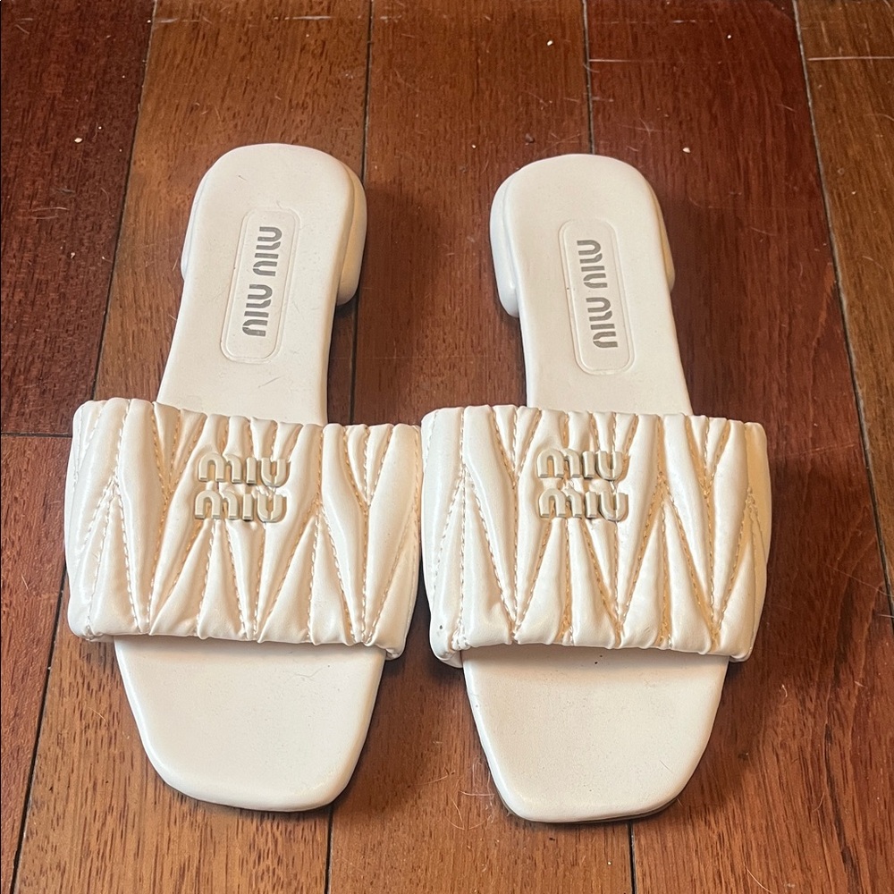Miu Miu Quilted Cream Slide Sandals
